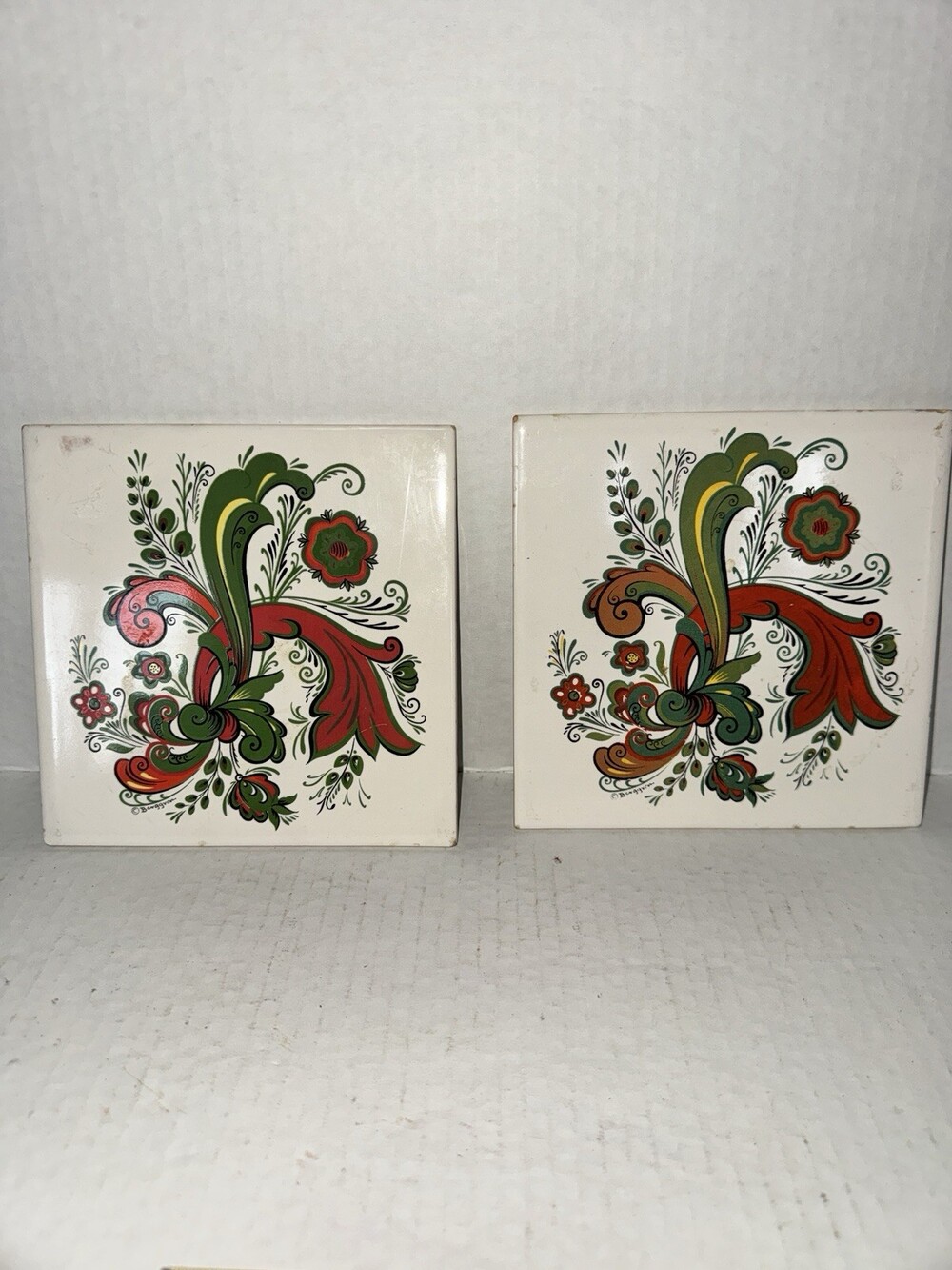 Vintage Berggren Pilkington England Tiles Pair 6” Floral Rosemaling Folk Art